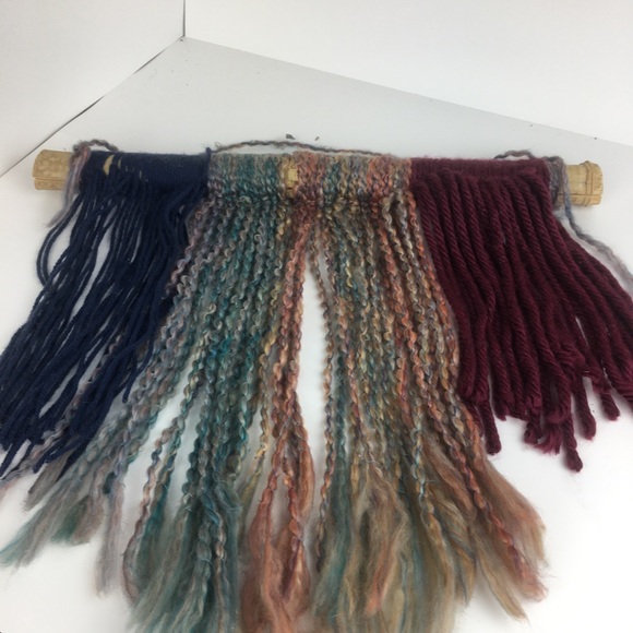 Boho Yarn Tapestry Bamboo Wall Hanging Blue Burgandy Rainbow Hand Crafted - Picture 3 of 9
